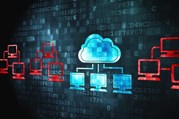 Cloud computing concept: pixelated Cloud Technology icon on digital background, 3d render